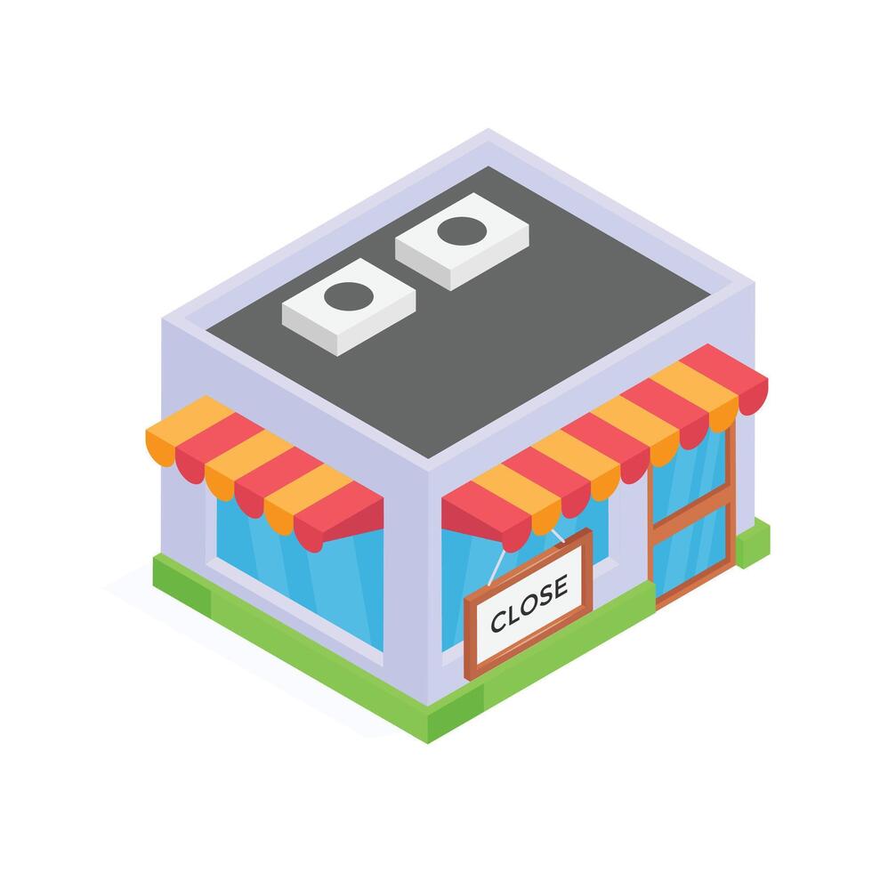 This vibrant isometric illustration showcases a simple shop building. vector
