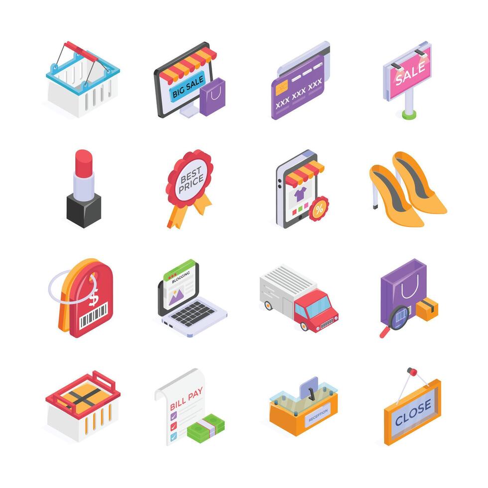 Get this amazing shopping ecommerce icons set in isometric style vector