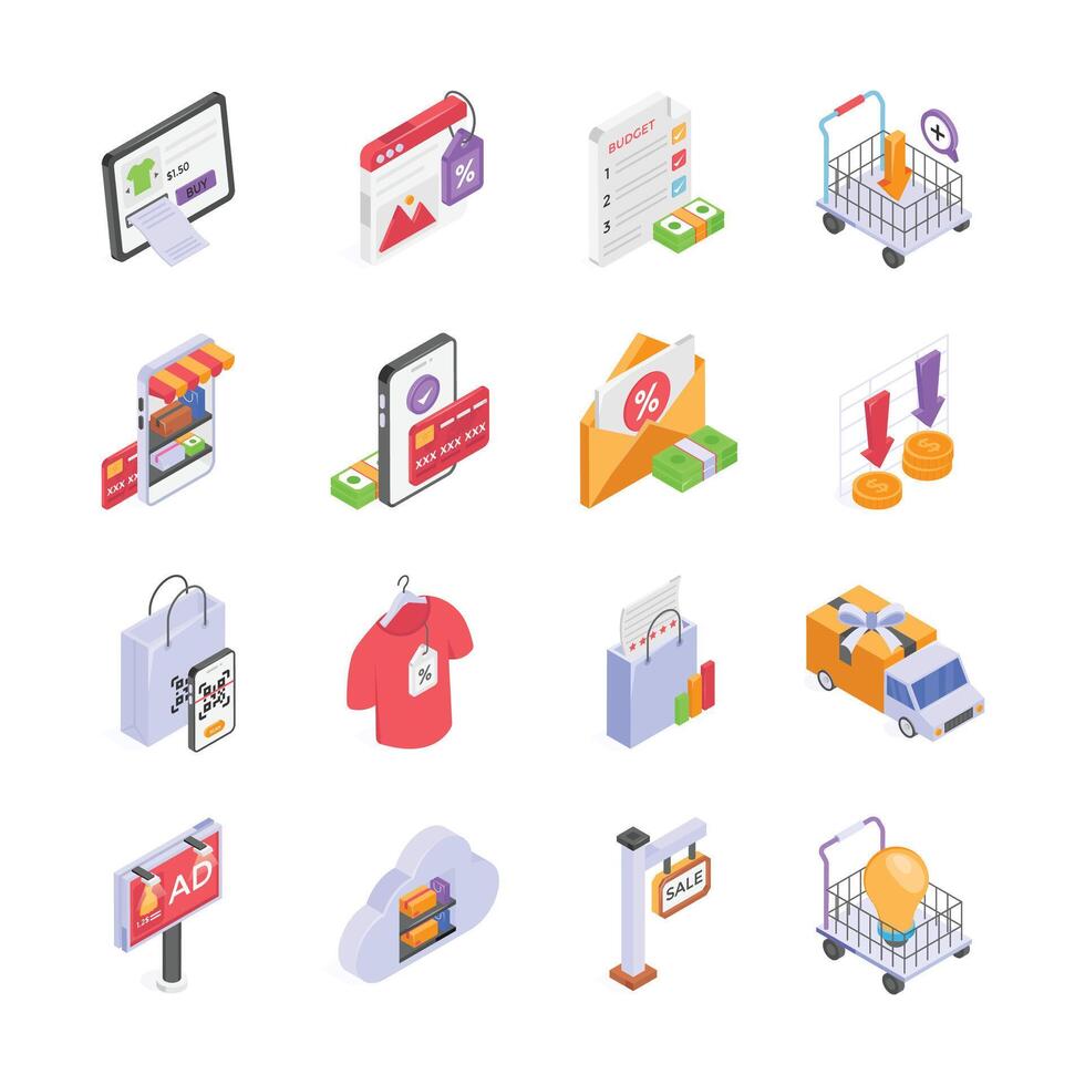 A collection of isometric icons depicting various aspects of ecommerce and retail business. vector