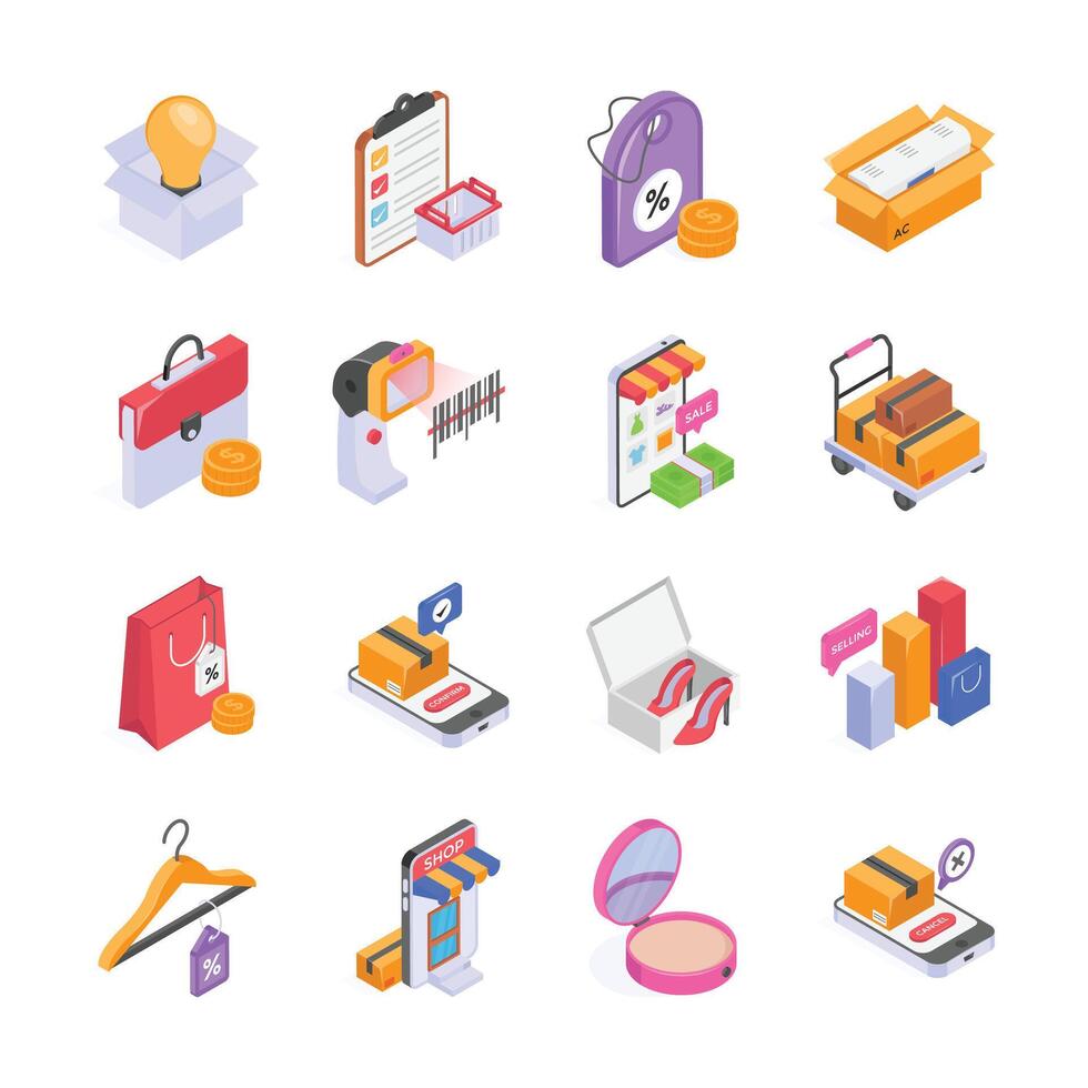 Get this amazing ecommerce and retail business process isometric icons in trendy design style vector