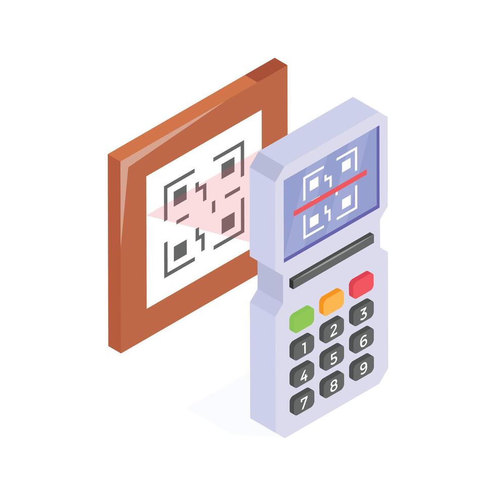 Handheld Qr code scanner scanning product codes for purchase. vector