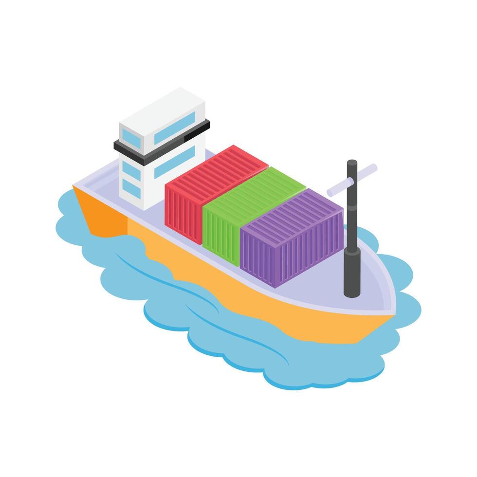 This vibrant isometric icon showcases a cargo ship loaded with containers vector