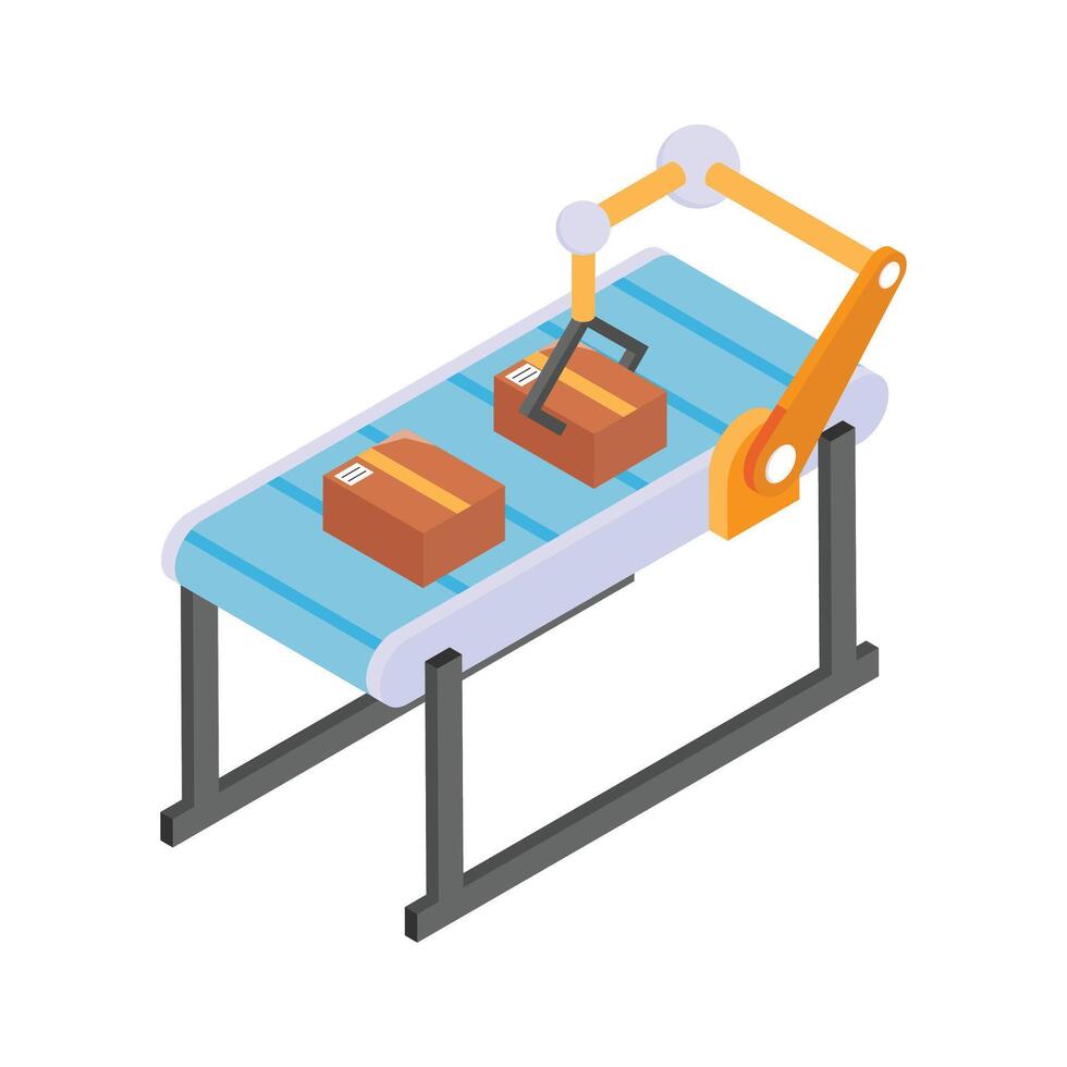 Automated robotic arm sorting and packaging parcels on a conveyor belt. vector