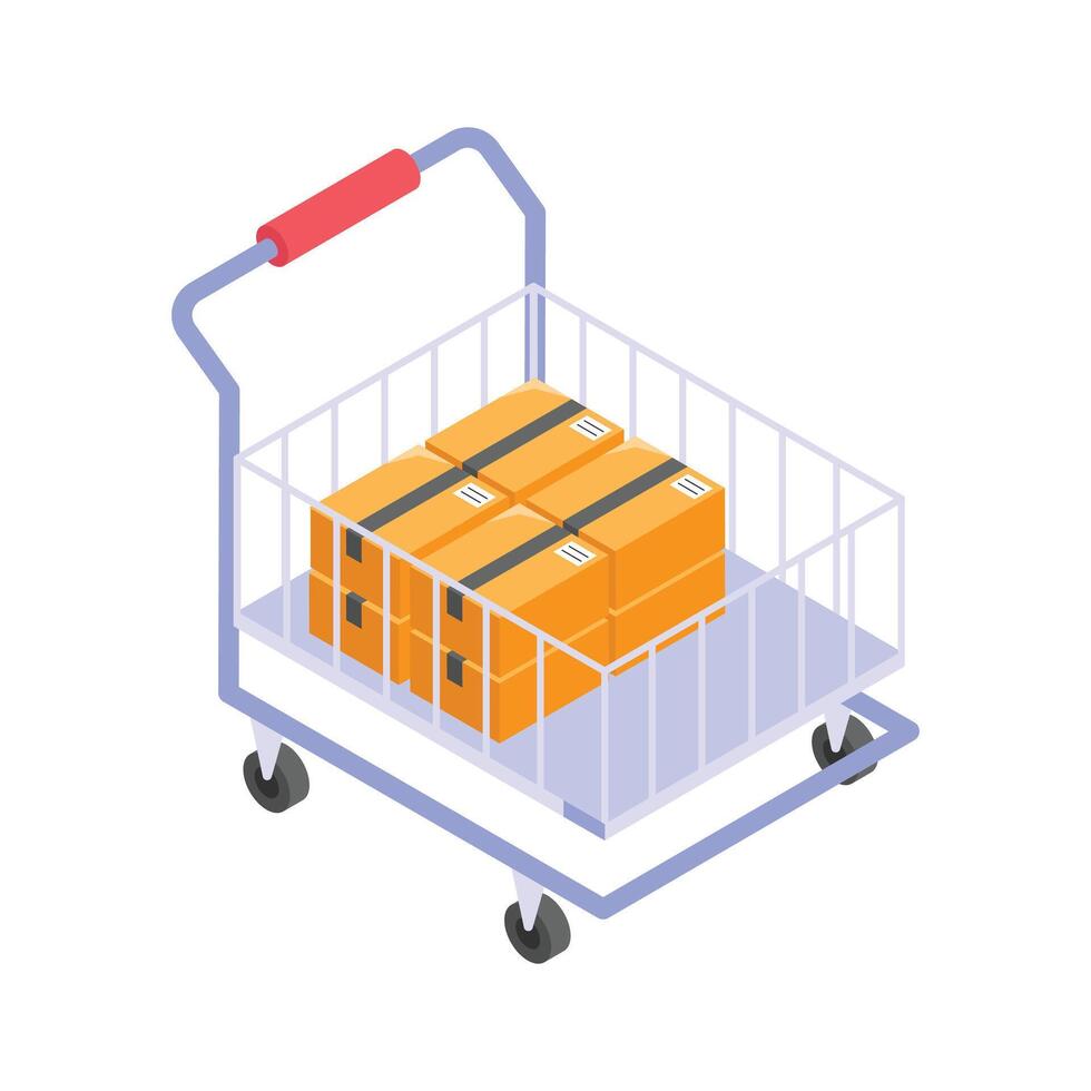 Isometric shopping cart filled with parcels for ecommerce and delivery. vector