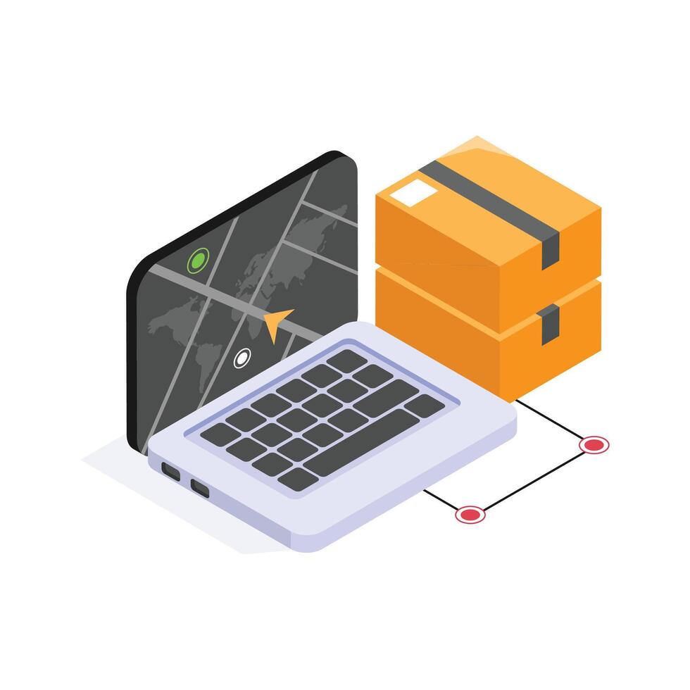 Isometric laptop showing GPS tracking for online package shipment and delivery. vector