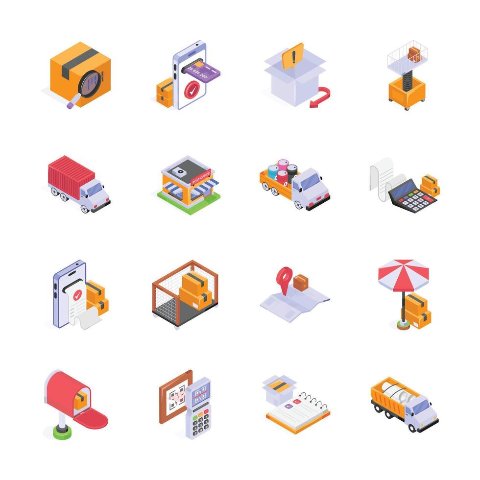 A set of isometric icons, representing different aspects of shipping and delivery. vector