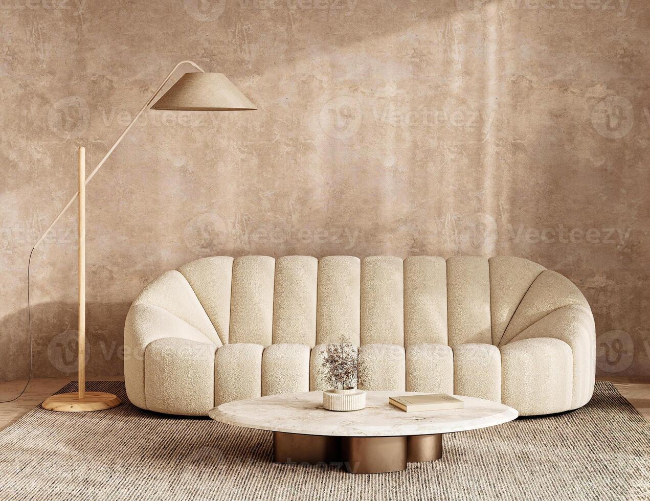 Elegant beige living room with plush sofa and marble coffee table in boho scandinavian style, 3d rendering photo
