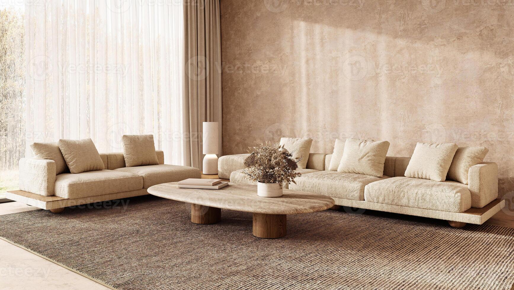 Warm and inviting boho scandinavian living room with textured sofas and wooden accents, 3d rendering photo