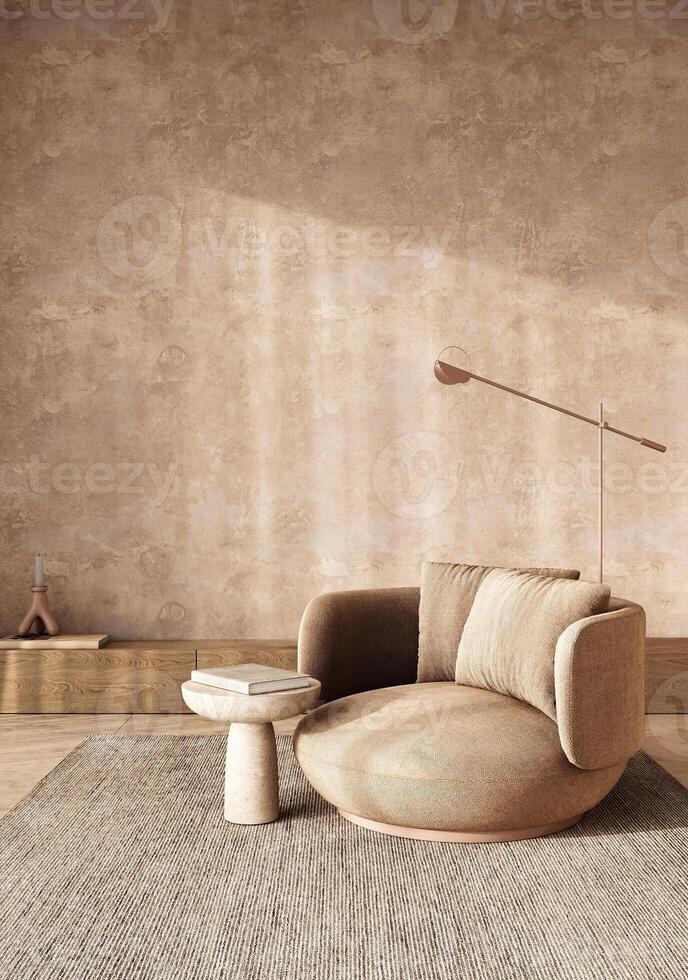 Modern boho scandinavian living space with comfortable armchair and unique floor lamp, 3d rendering photo