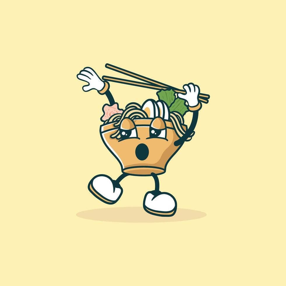 Cartoon Noodle Bowl Character Dancing With Chopsticks vector