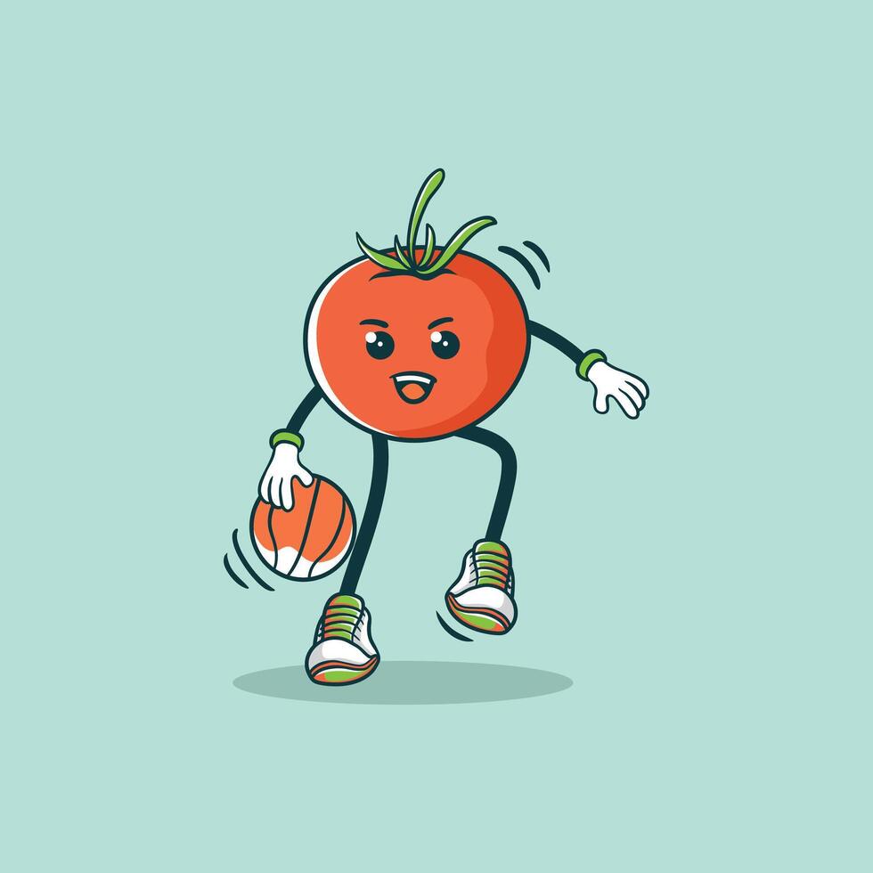 A happy tomato plays basketball with glee vector