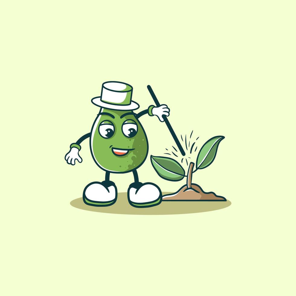 An Avocado Character Tending to a Young Avocado Plant vector