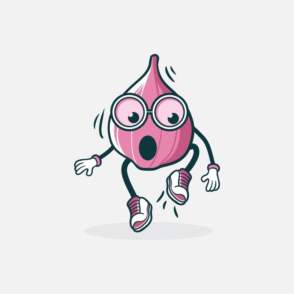 A surprised red onion character jumps in sneakers vector