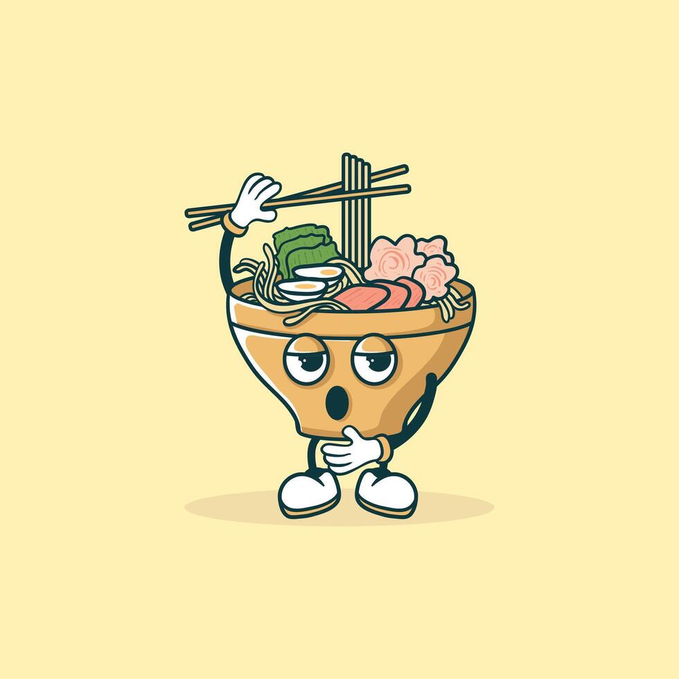 Cartoon Ramen Bowl Character Eats Noodles vector