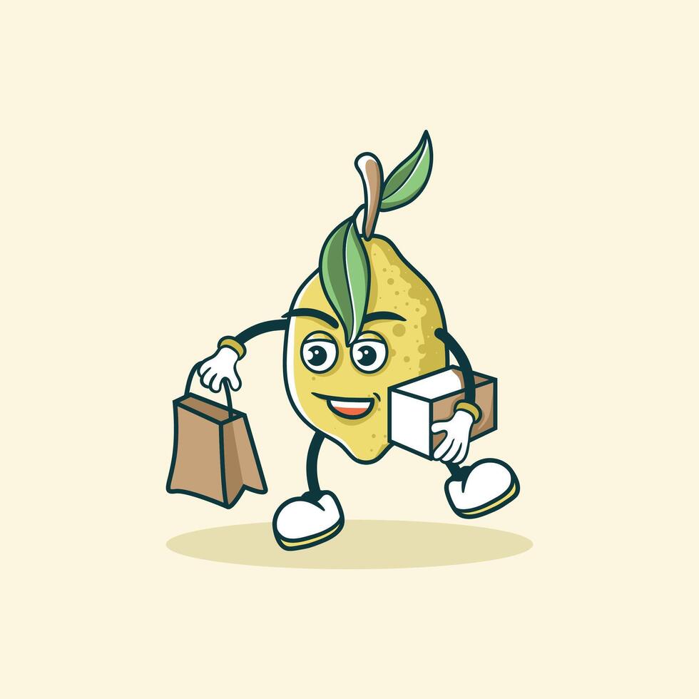 A cheerful lemon cartoon character goes shopping vector