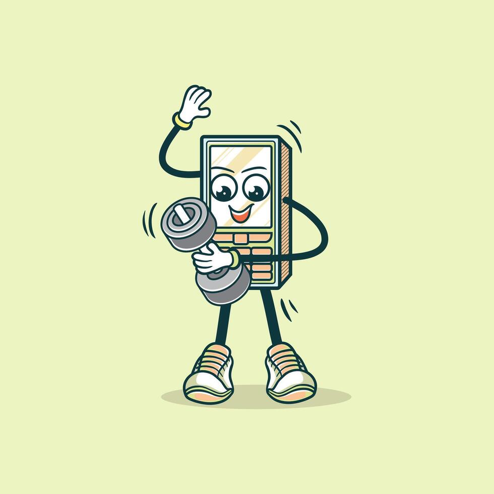 Cartoon Cell Phone Character Lifting Weights vector