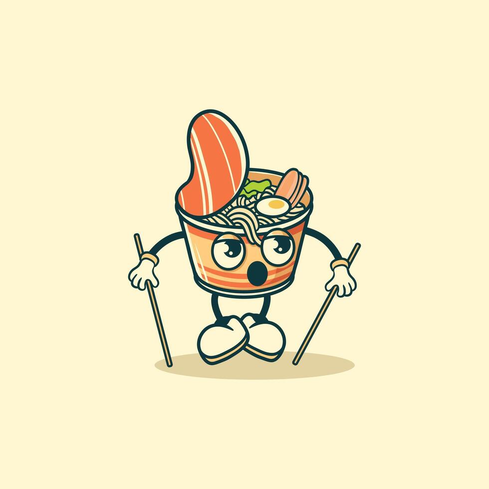 Surprised Noodle Cup Character Holding Chopsticks vector