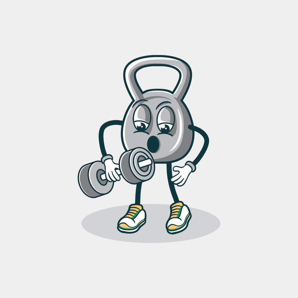Kettlebell Cartoon Character Lifting Dumbbell Weight Training vector
