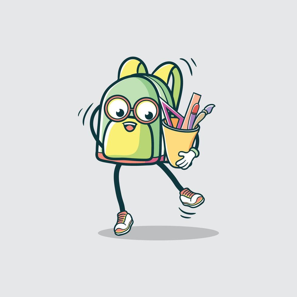 A happy backpack character carries school supplies vector