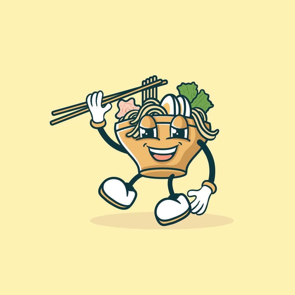 Happy Noodle Bowl Character Eats Noodles With Chopsticks vector