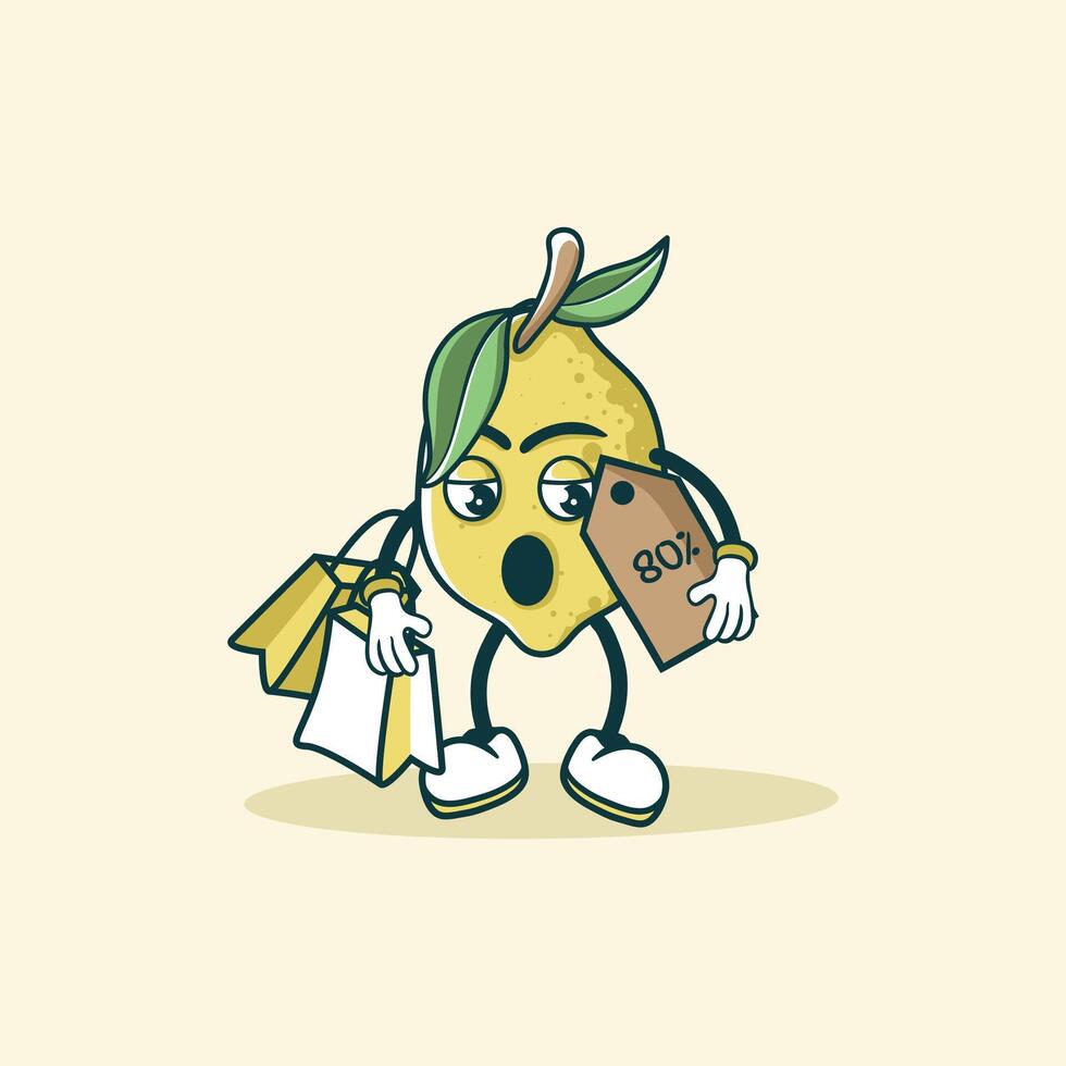 A surprised lemon character shops with bags and an eighty percent discount tag vector