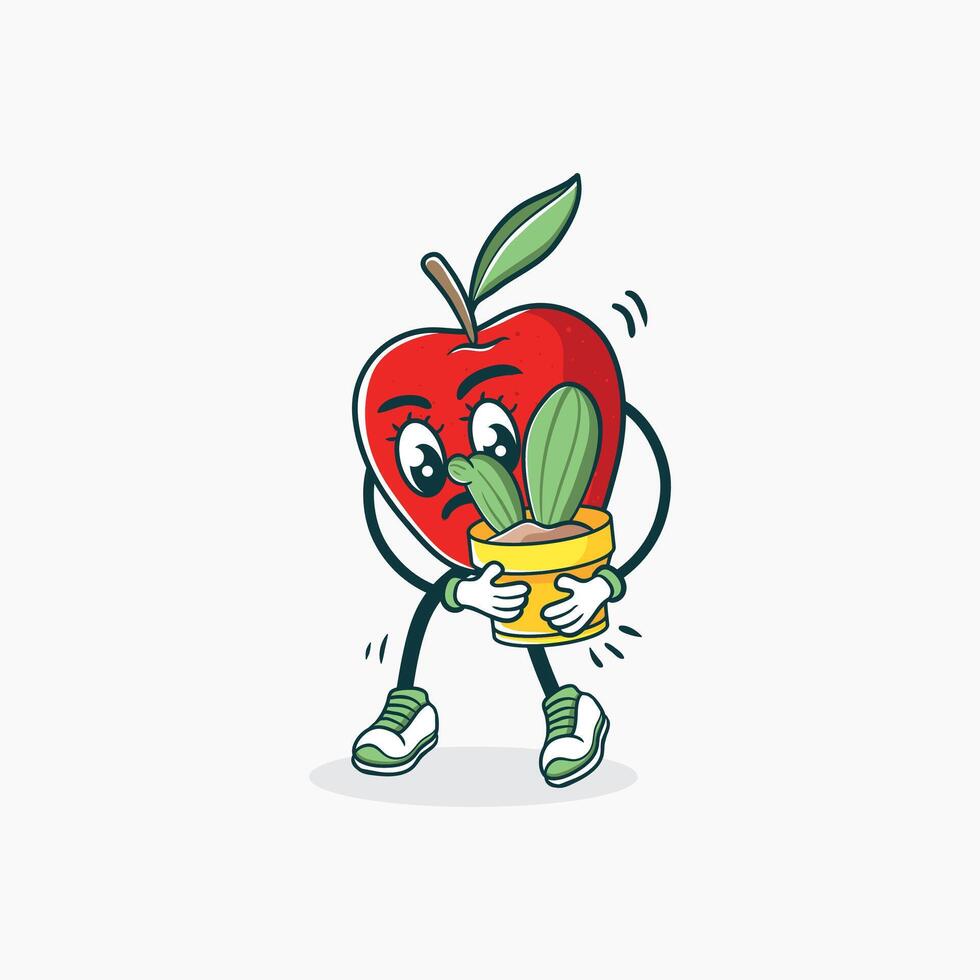 An Apple Character Carries A Potted Cactus Plant vector