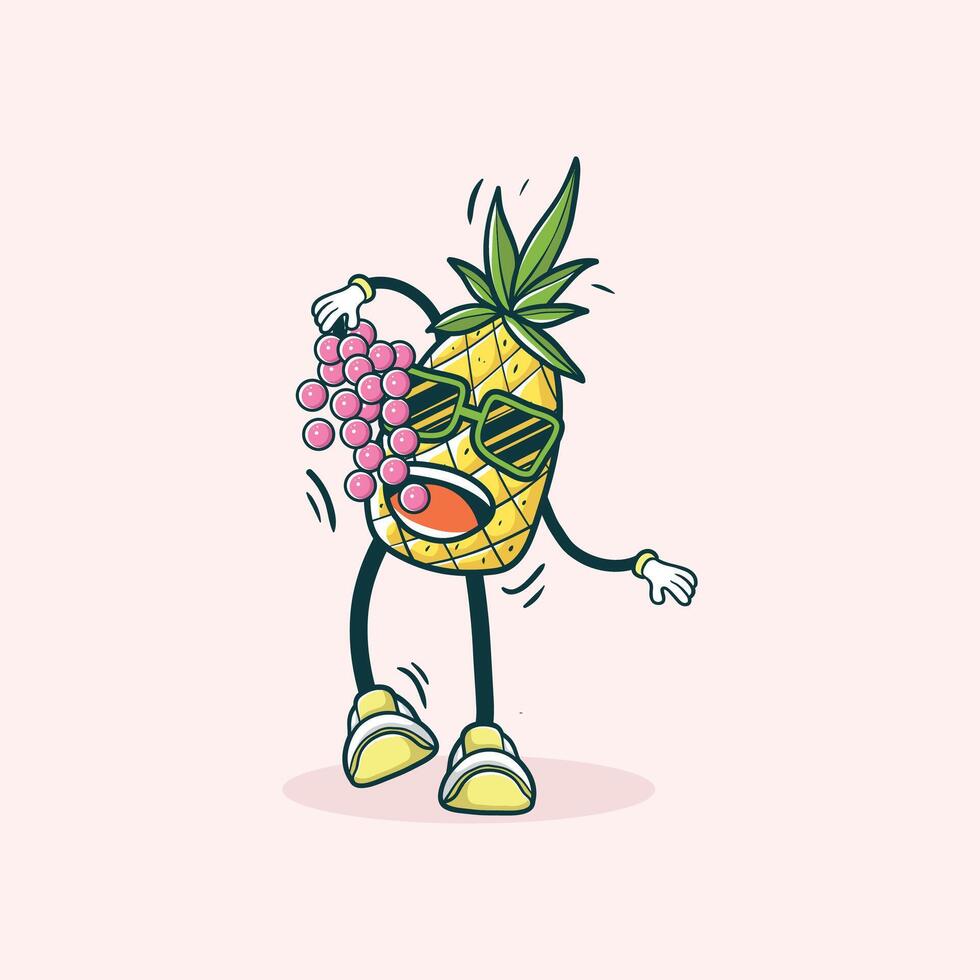 A Cool Pineapple Character Holding Grapes vector
