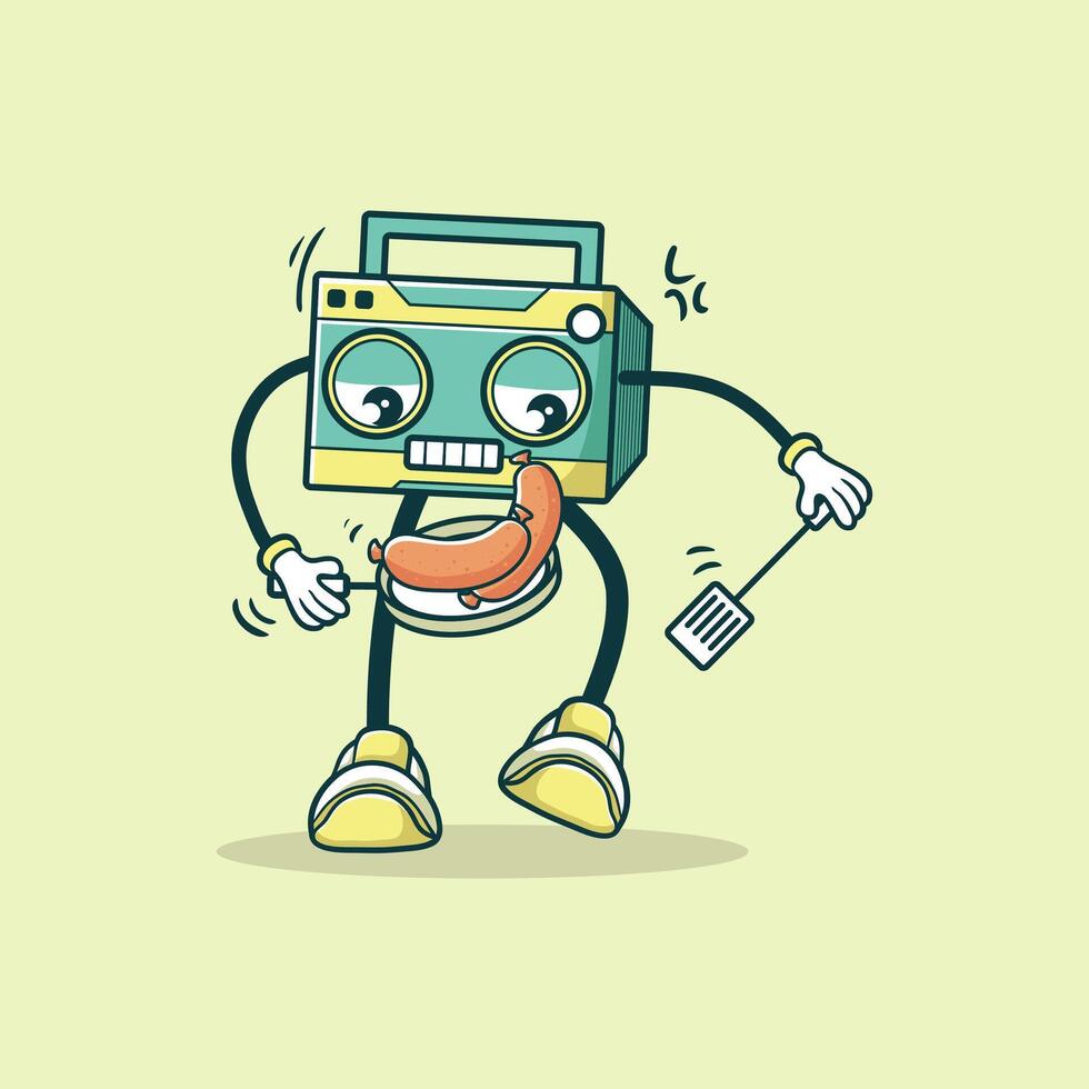 A Retro Boombox Character Grilling Sausages vector