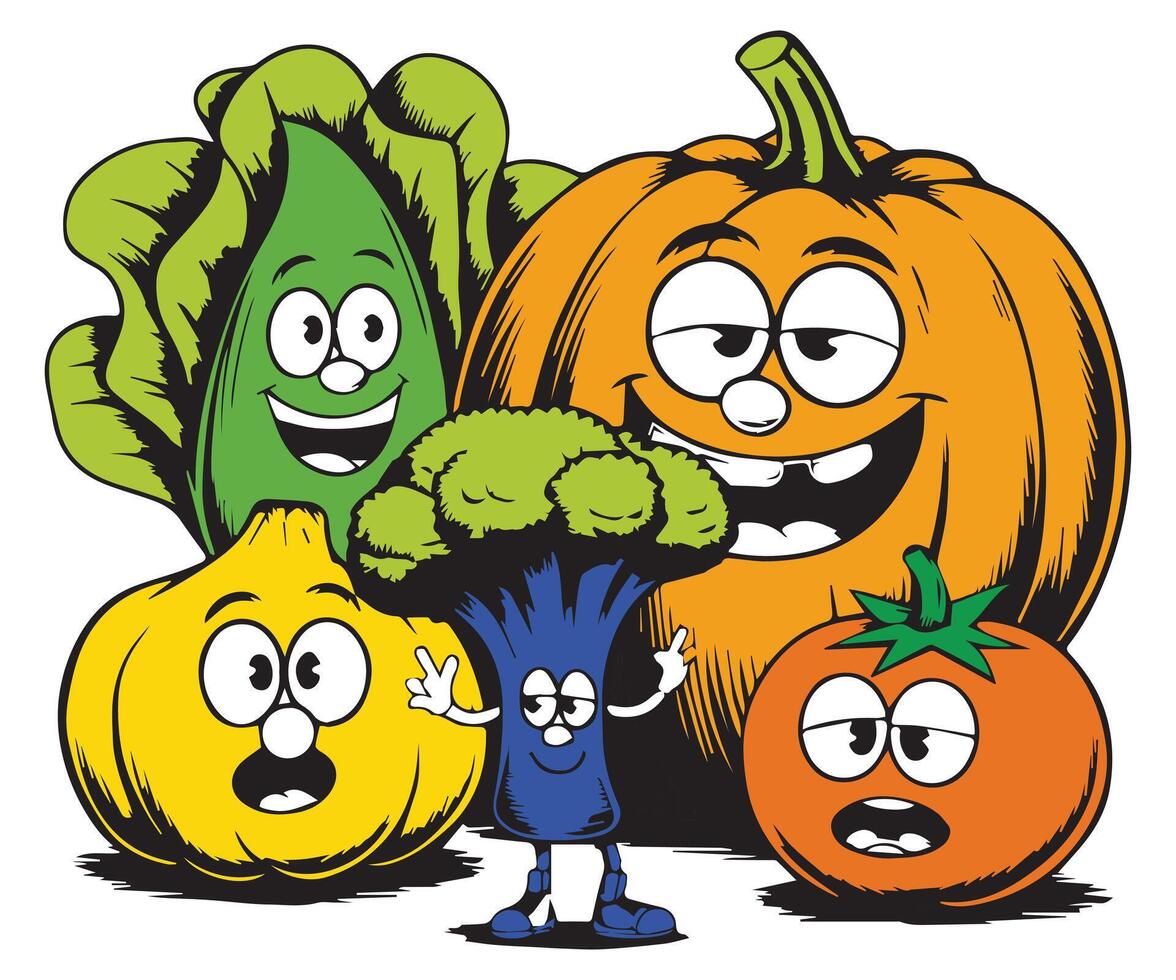 A vegetable group Cartoon Illustration with faces that say happy vector