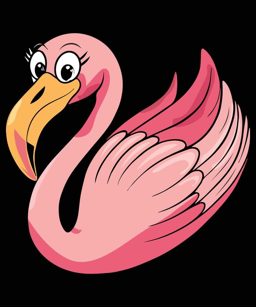 A Pink Flamingo coloring page with a pink beak walks across a Black background vector