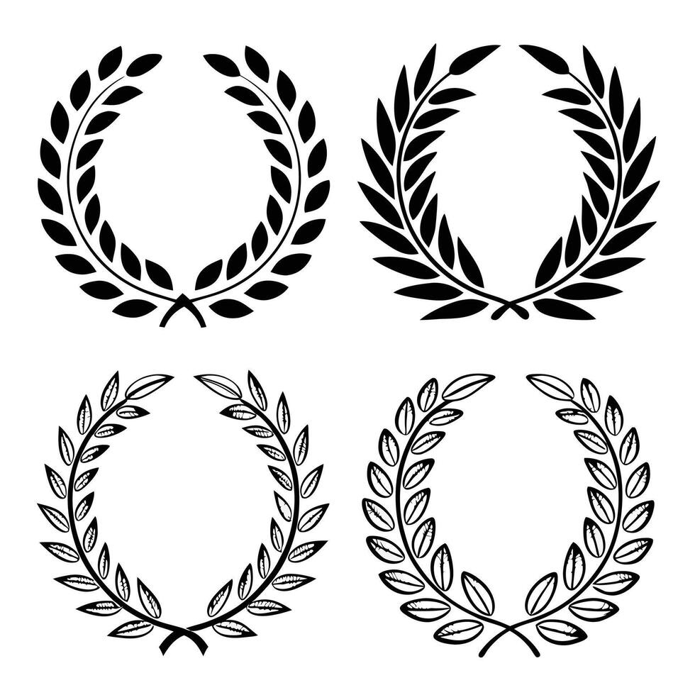 Black and White Laurel and Wheat Wreath Silhouette Set vector
