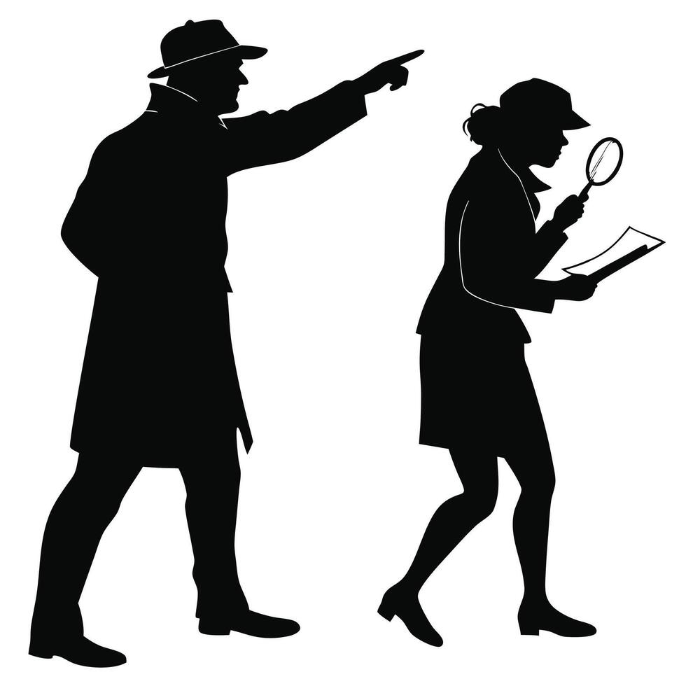 Spy and Detective Couple Silhouette Set vector