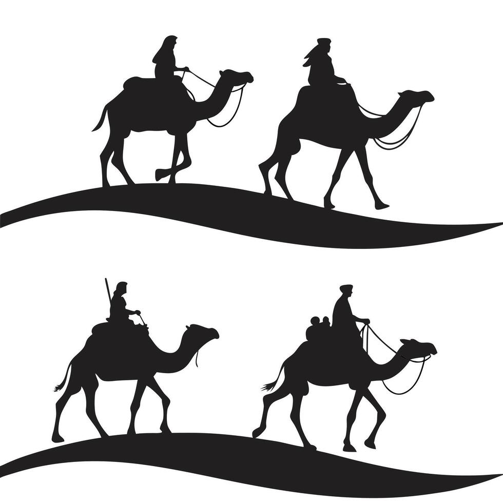 Desert Safari Camel Ride Silhouette Set vector