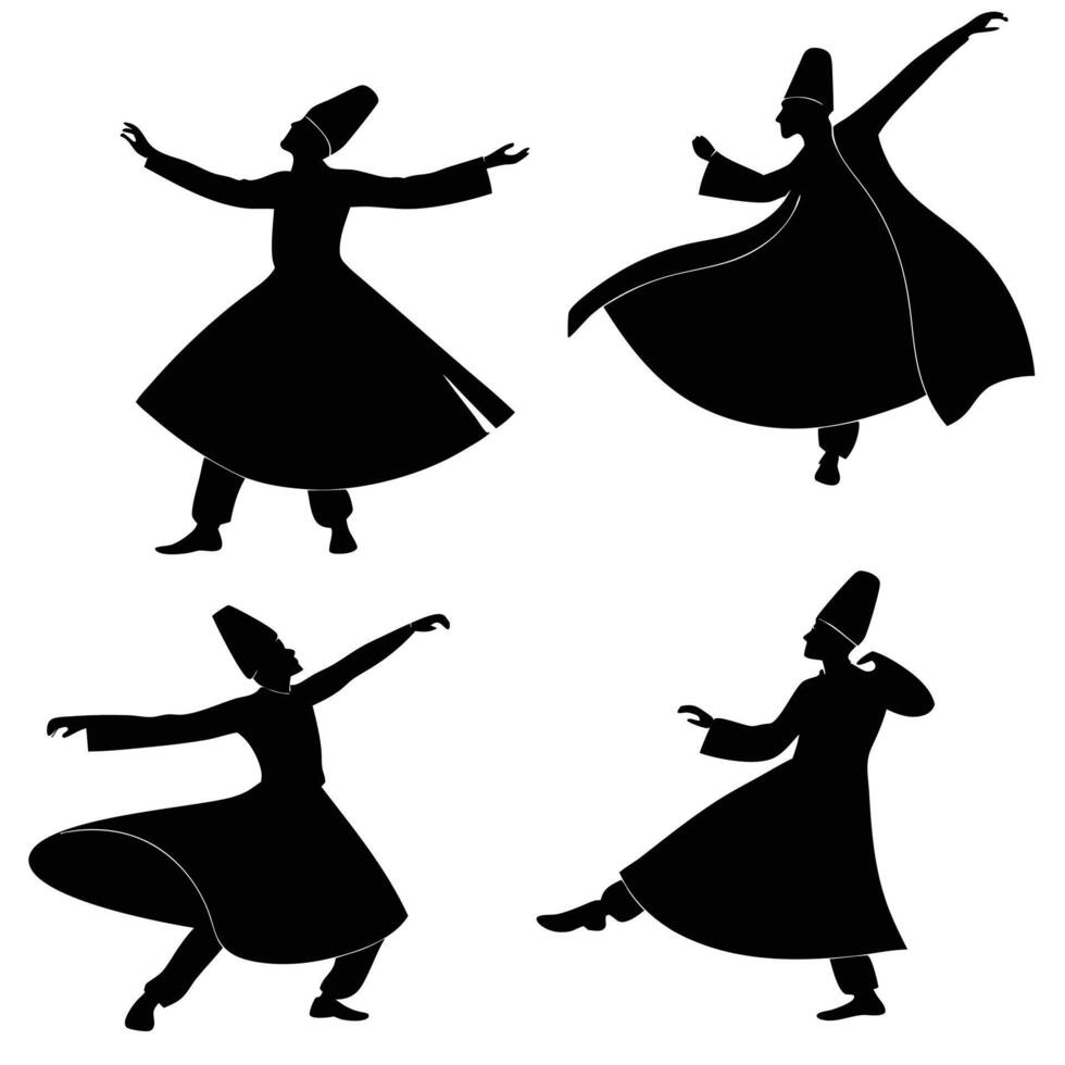 Set of Black Silhouettes Featuring Sufi Dancers vector