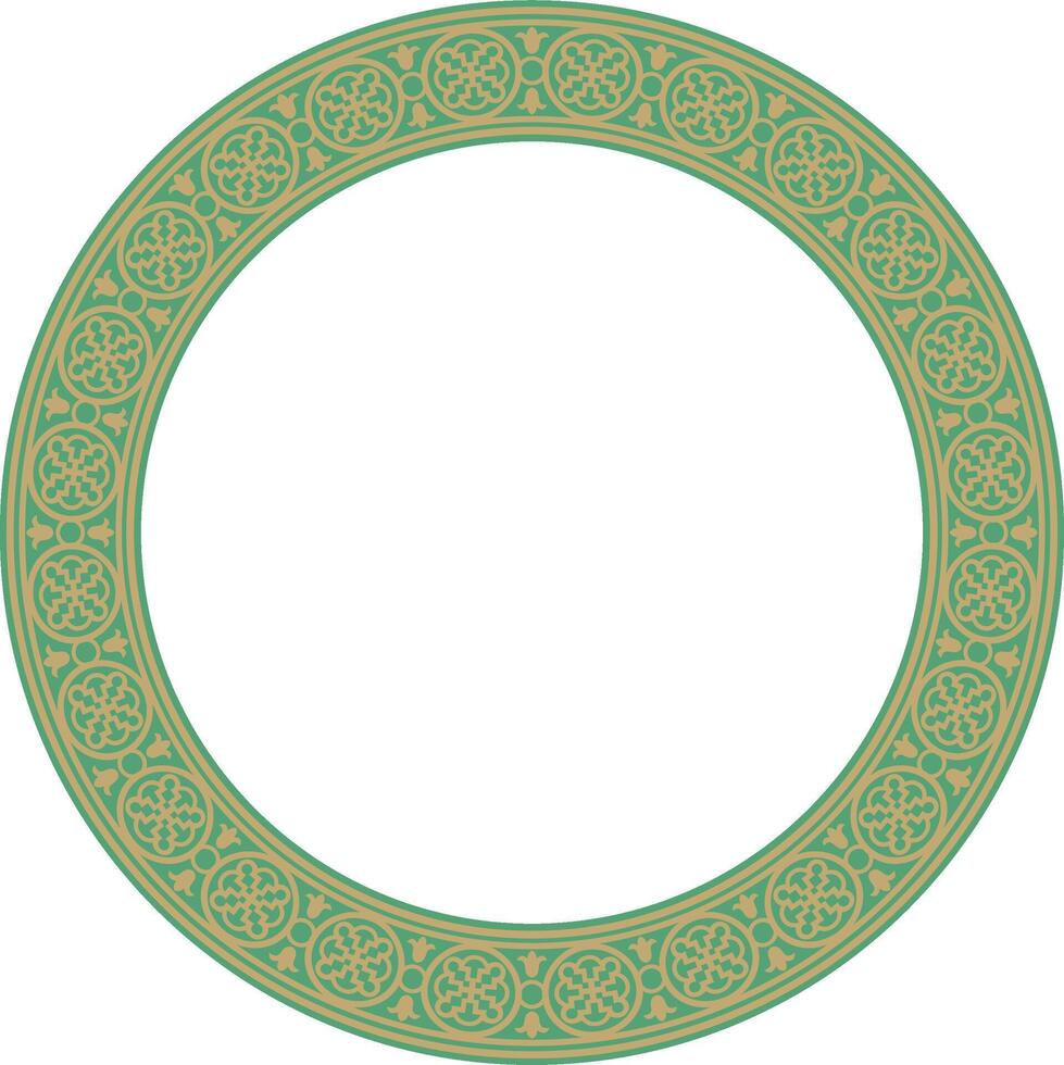 round European gold with green ornament. Endless pattern, circle, ring of the Middle Ages. Revival border. Decorations of palaces and churches. vector