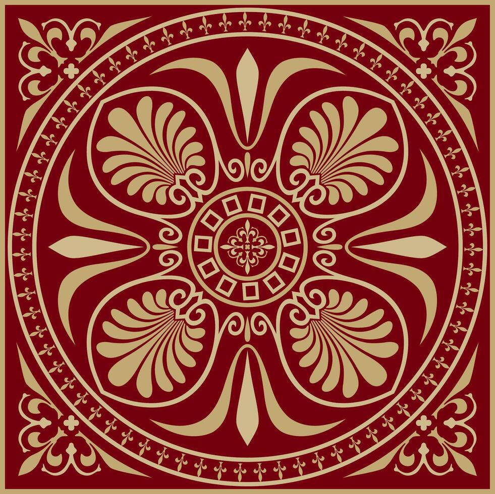 red and gold colored square ornament of ancient Greece. Classic tile pattern Roman Empire vector