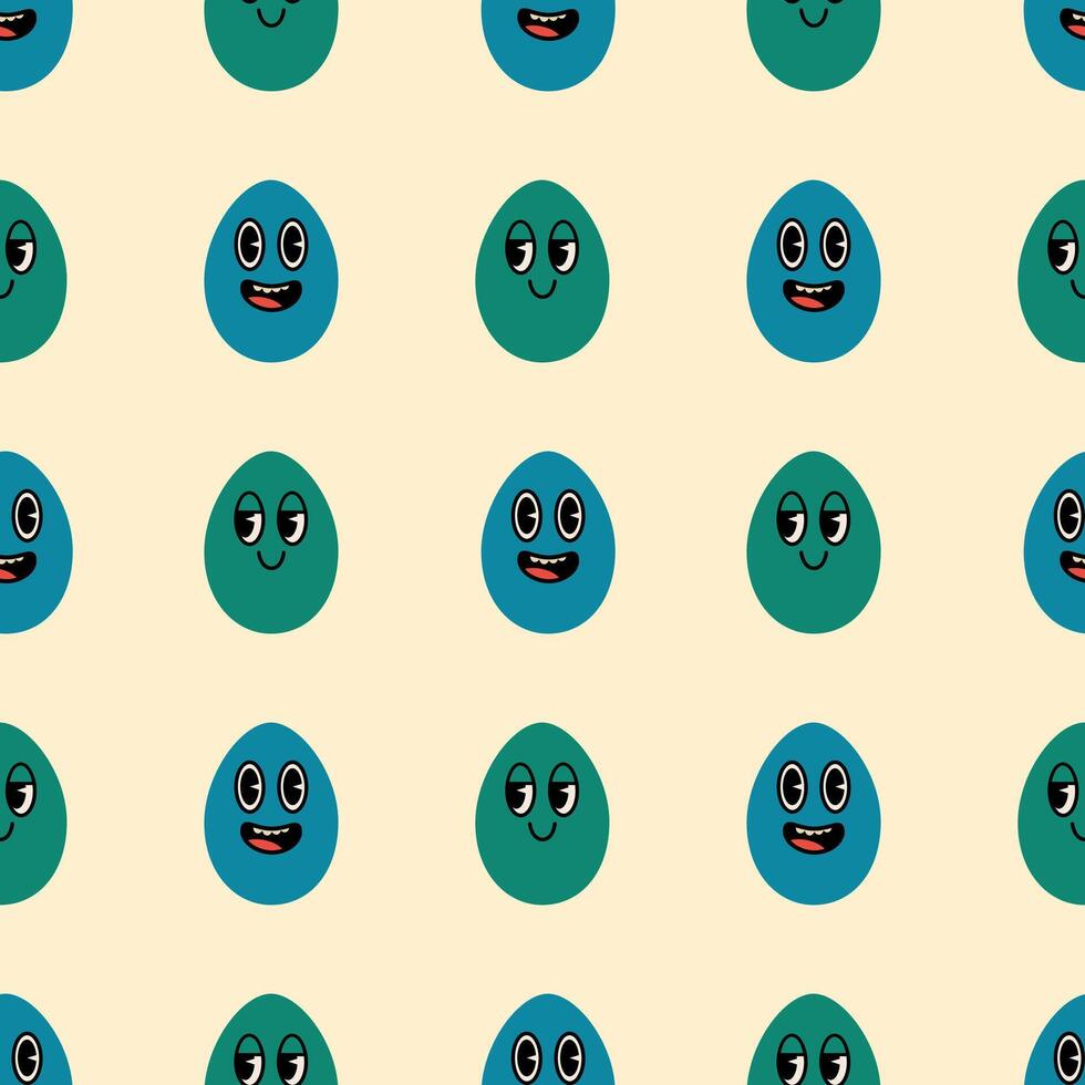 Easter eggs with faces seamless pattern. Funny characters on a beige background. Colorful illustration for wrapping paper, greeting card, textile, background vector