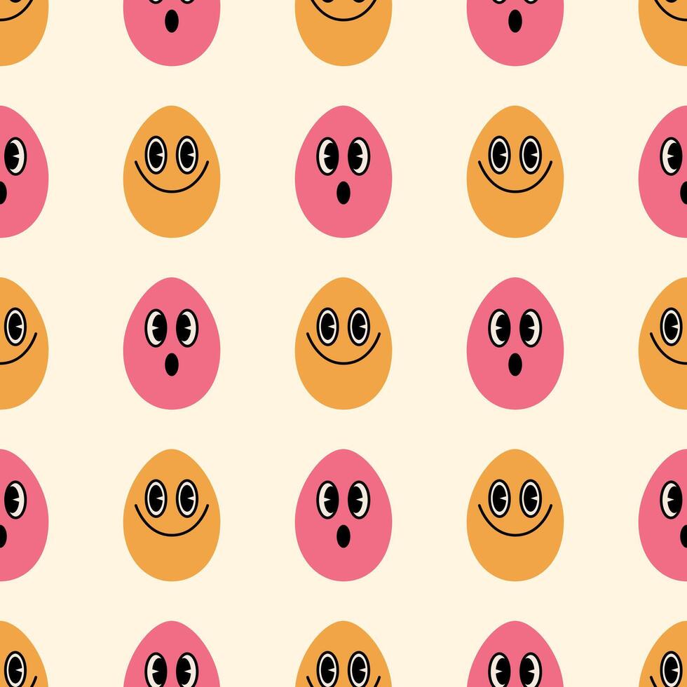 Easter eggs with faces seamless pattern. Cheerful characters on a beige background. Colorful illustration for wrapping paper, greeting card, textile, background vector