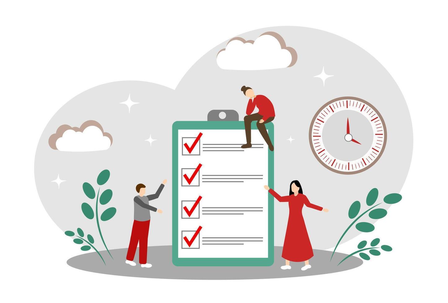 The concept of successfully completed tasks, teamwork and time management. People, hours and a sheet with tasks vector