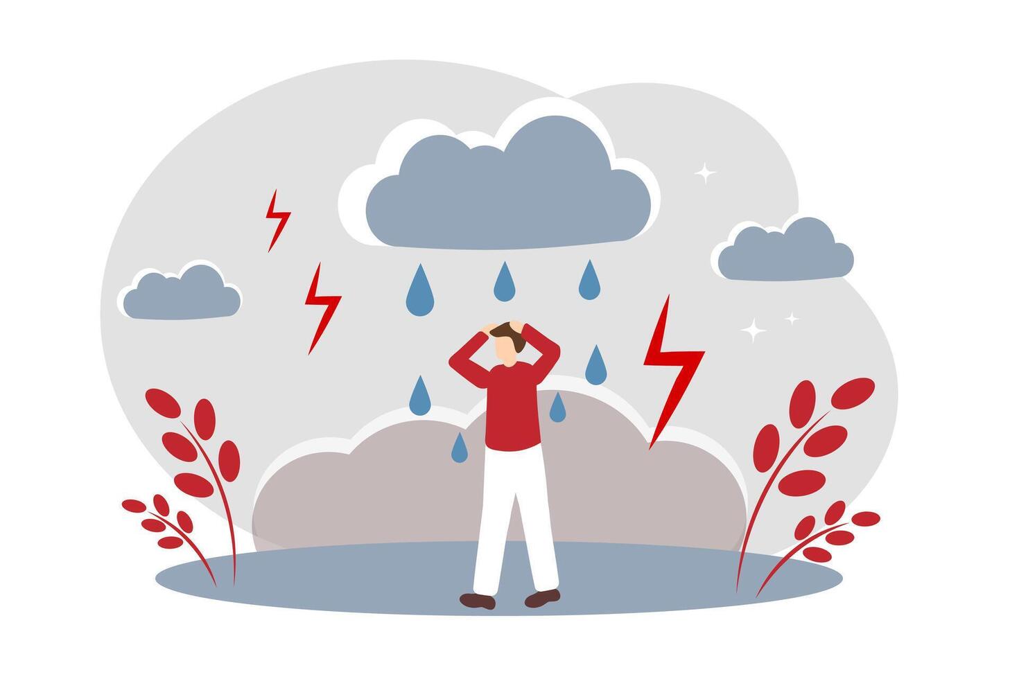 The concept of life problems, bad mood and depression. The man is wet in the rain. Thundercloud vector