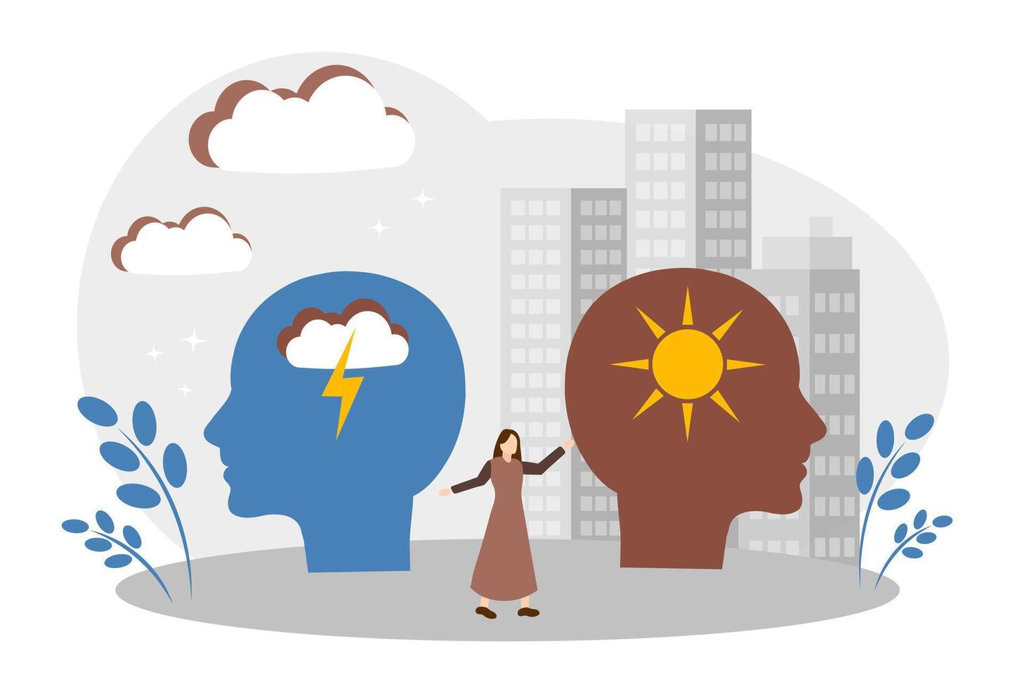 The concept of different moods, different emotions and psychological states. Mental health. Head with a cloud and lightning. Head with the sun vector