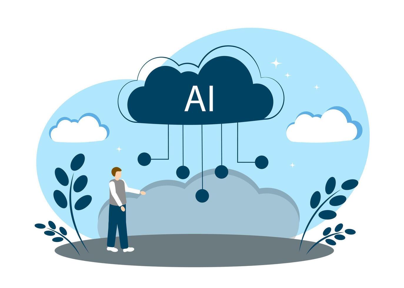 The concept of artificial intelligence and machine learning. Digital motherboard chip, digital cloud, flat design vector
