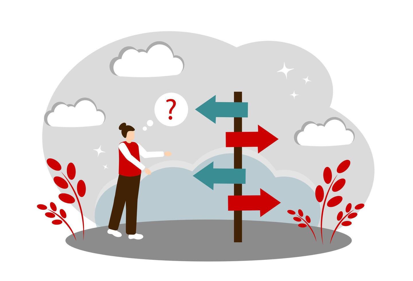 The concept of choosing a life path and a complex decision. A woman stands near the pointer and does not know where to go vector