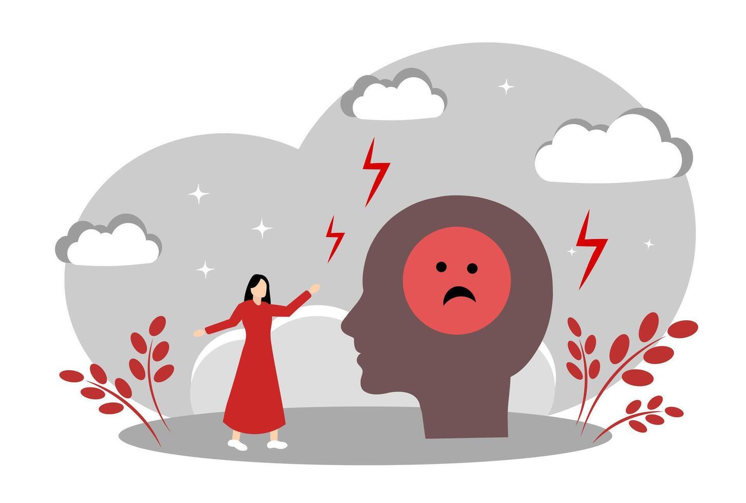 The concept of depression, low mood, psychological problems, PMS, and negative thoughts. A head with a sad smiley face and lightning. A woman in depression vector