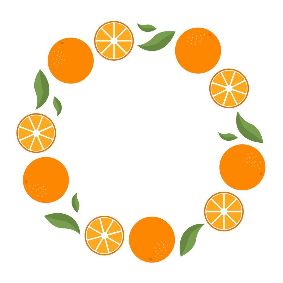 Round frame of ripe oranges on a white background. Banner, text space, flyer, label vector