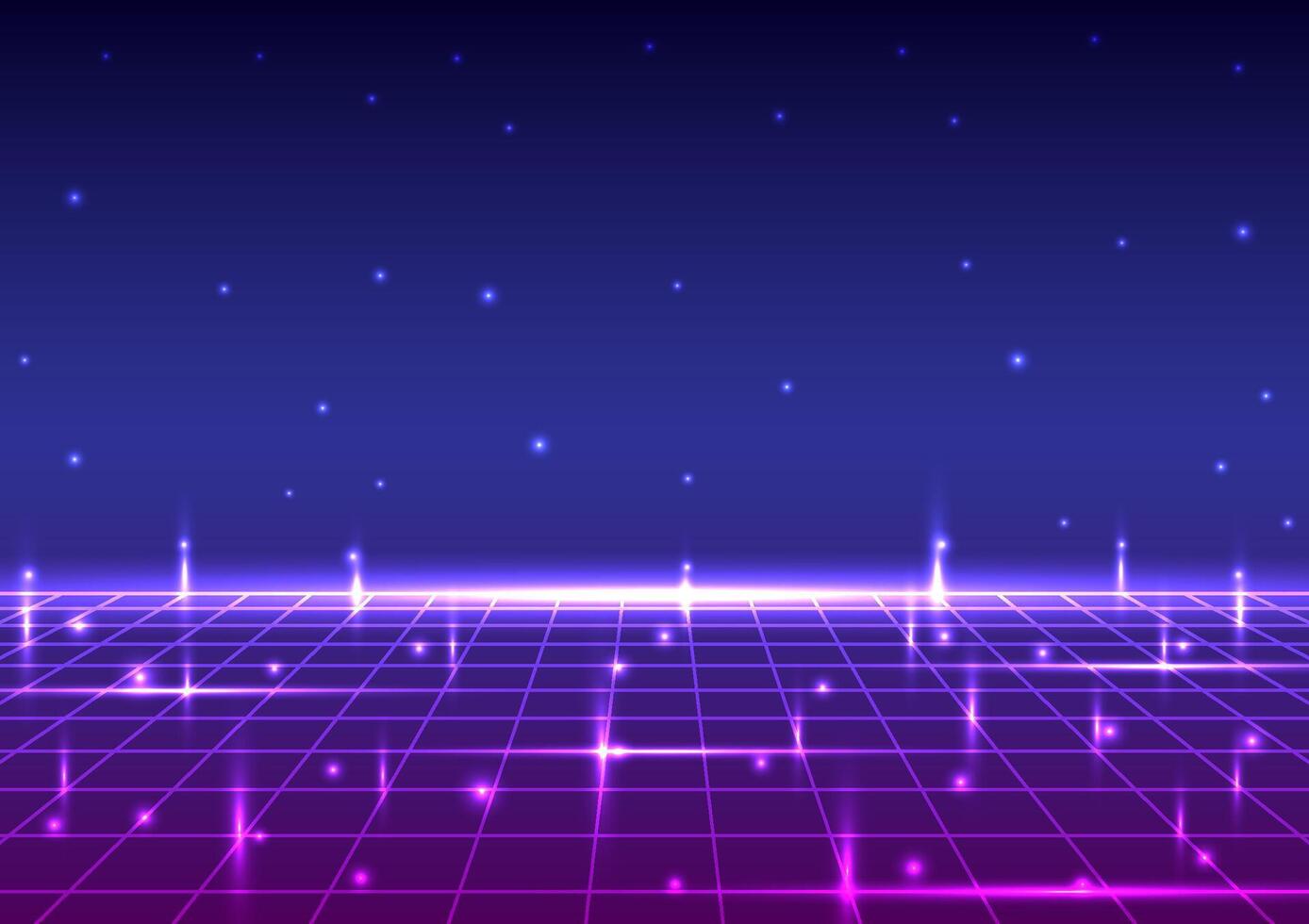 Digital retro technology in dark background. Futuristic 80s 90s cyberpunk concept. Design for wireframe, abstract, neon, light, grid, landscapes, retro, illustration. vector