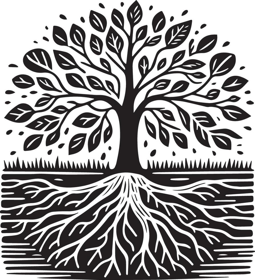 Linocut Tree with Roots Monochrome Nature Art vector