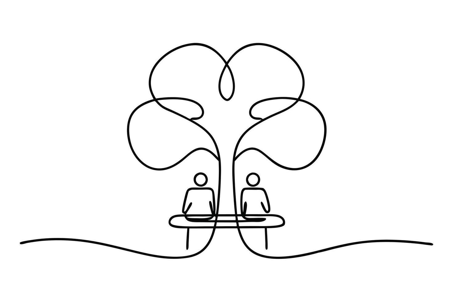 Continuous Line Drawing Two Figures Sitting Under Tree vector