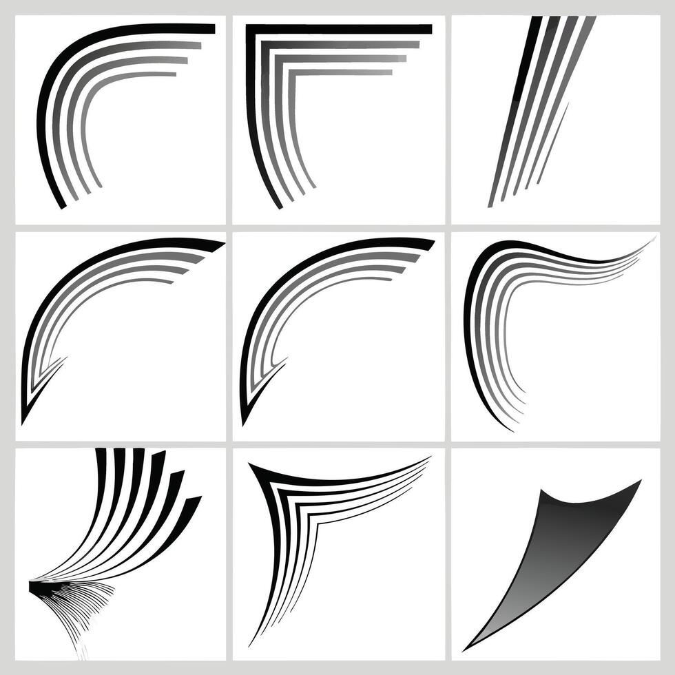 Abstract Geometric Shapes Nine Curved Line Designs, Black and White vector