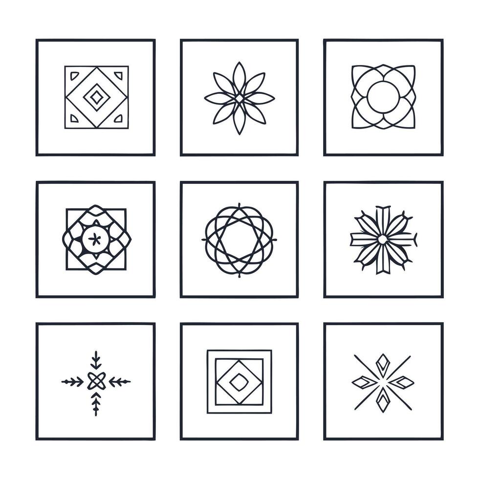 Nine Geometric Mandala Designs Abstract Line Art, Square Frames vector